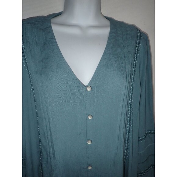 J. Jill Blue Long-Sleeve‎ Button-Down Tunic Blouse Gauzy Pintuck PM Boho Casual - Picture 4 of 7